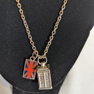 Union Jack and TARDIS Charm Pendant Necklace - Gold Tone